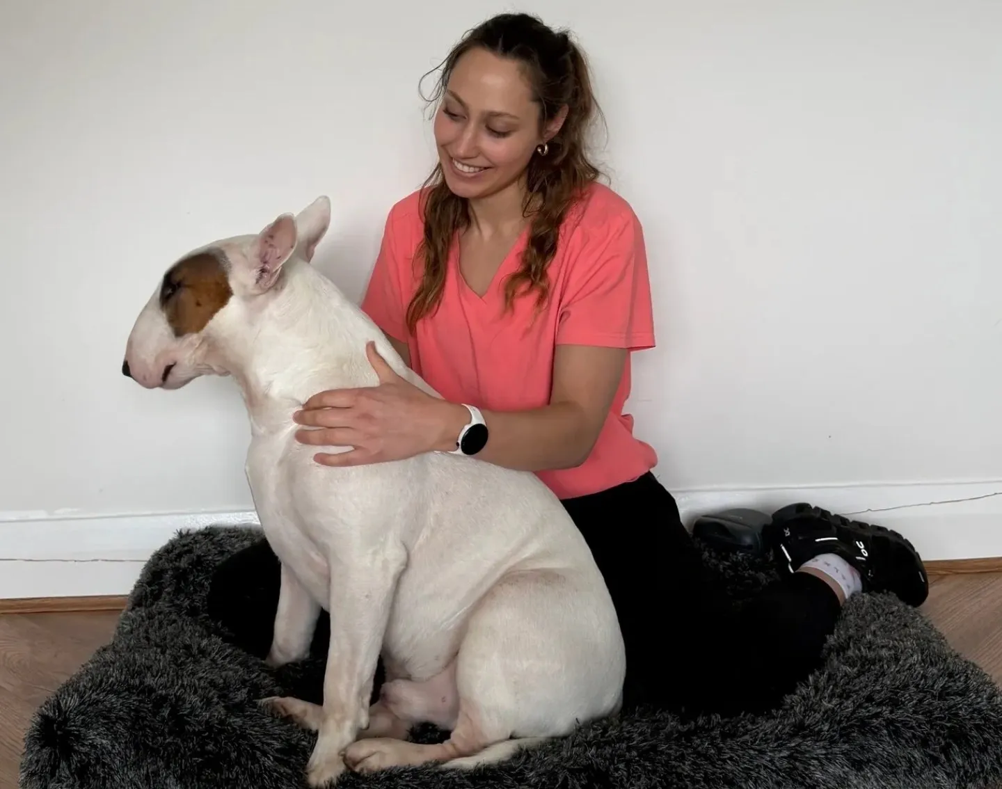 Jackie sitting on a cushion with a white bull terrier.